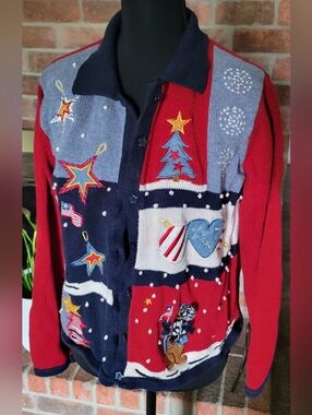 Festive Red & Navy Holiday Cardigan Sweater with Ornaments